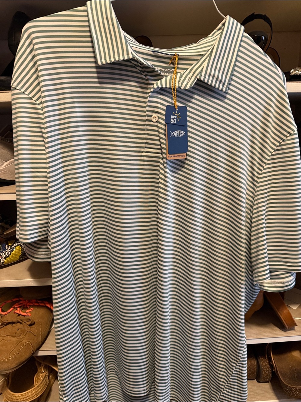 Aftco Men's Striped Polo Shirt - Green/White Lightweight Performance